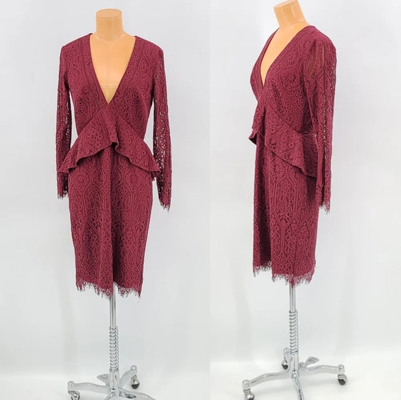 Adelyn Rae Deep Vneck Peplum Lace Long Sleeve Dress - Picture 1 of 14